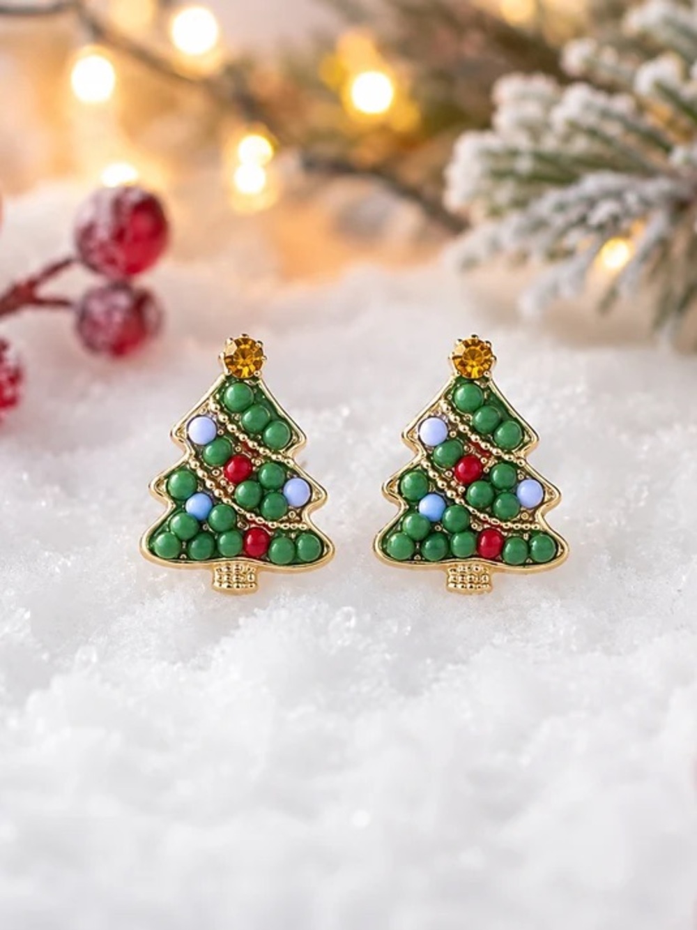 Gold-Tone Green Christmas Tree Stud Earrings with Red & Blue Accents